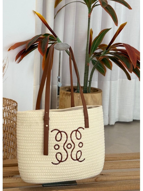 BOLSA MEDIA OFF WHITE COM ALÇAS E BORDADO MARROM