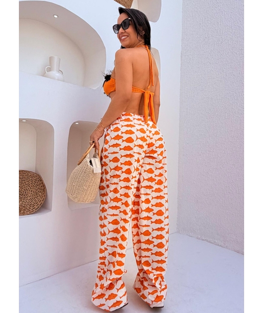 SAÍDA DE PRAIA CALÇA ESTAMPA MARÉ DE PEIXES LARANJADA COLEÇÃO SARDENHA