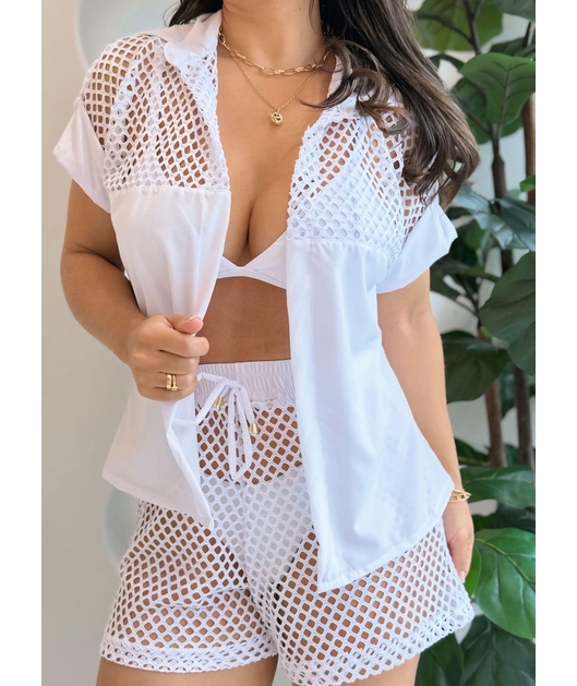 SAÍDA DE PRAIA CONJUNTO CAMISA COM SHORT NO ARRASTÃO BRANCO M216