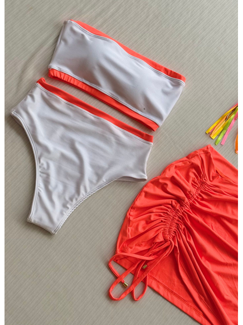 COMBO DE CARNAVAL BIQUÍNI TOP BRANCO E MINI SAIA LARANJA NEON COLEÇÃO ESQUENTA FOLIA