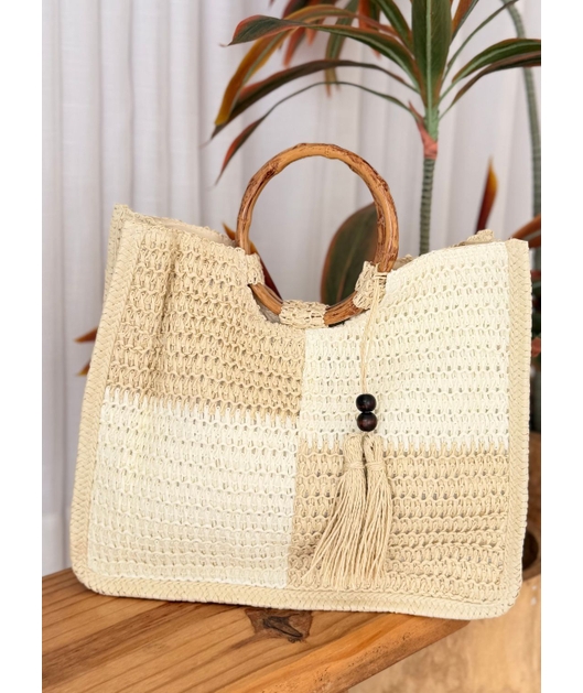 BOLSA DE PALHA GRANDE CLARA COM ALÇA REDONDA E TASSEL TGS852