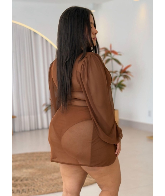 SAÍDA DE PRAIA MANGAS BUFANTES NO TULE MARROM