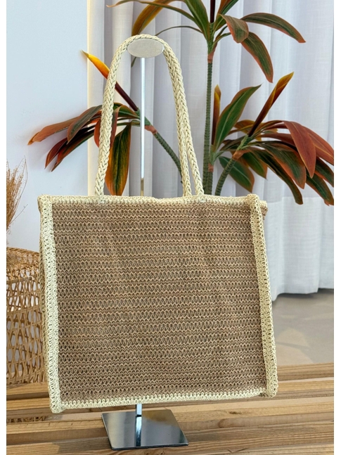 BOLSA DE PALHA GRANDE QUADRADA BEGE COM BORDA OFF WHITE