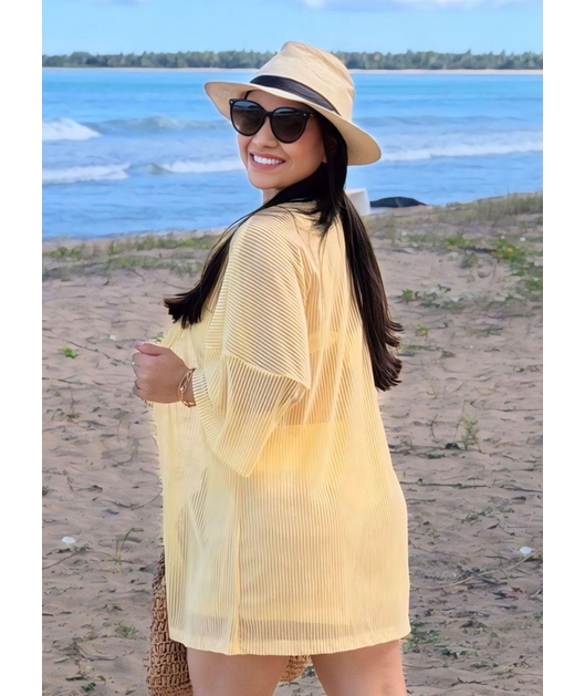SAÍDA DE PRAIA KIMONO COM SHORT NO TULE EM LISTRA AMARELO COLEÇÃO DULCE CARIBE