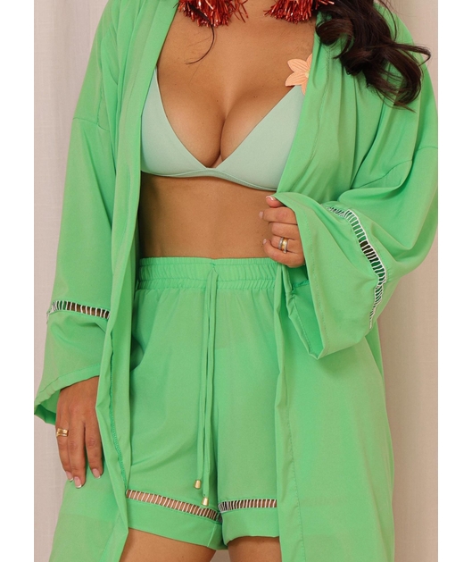 SAÍDA DE PRAIA CONJUNTO KIMONO COM SHORT VERDE COLEÇÃO FOLIA