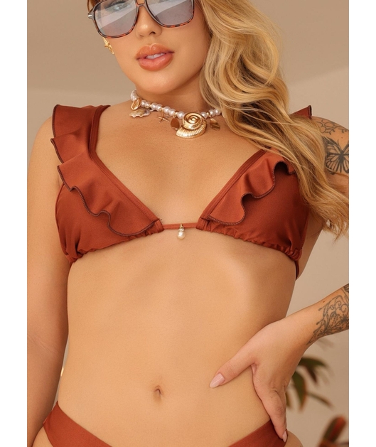 BIQUÍNI CORTININHA BABADO CALCINHA ASA DELTA MARROM COLEÇÃO COR DO PECADO