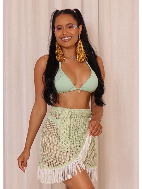 SAÍDA DE PRAIA PAREO CURTA COM FRANJA VERDE COLEÇÃO FOLIA