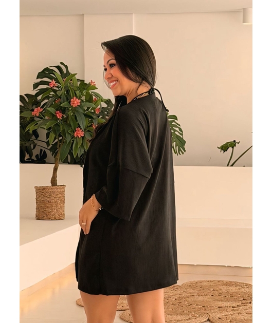 SAÍDA DE PRAIA CONJUNTO KIMONO COM SHORT NO CHIFFON PRETO TGR5895