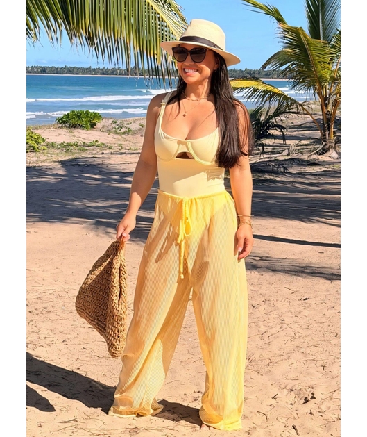 SAÍDA DE PRAIA CALÇA TULE EM LISTRA AMARELA COLEÇÃO DULCE CARIBE