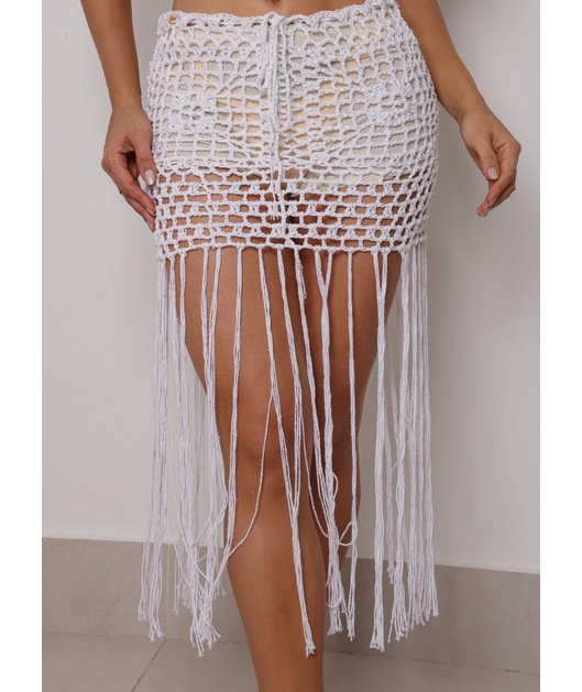 SAÍDA DE PRAIA SAIA CROCHÊ COM FRANJA OFF WHITE COLEÇÃO BRASIL RAIZ