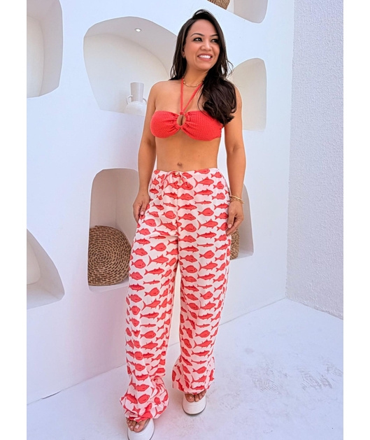 SAÍDA DE PRAIA CALÇA ESTAMPA MARÉ DE PEIXES CORAL COLEÇÃO SARDENHA