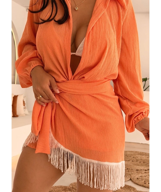 SAÍDA DE PRAIA CONJUNTO CHIFFON CAMISA COM PAREÔ DE FRANJA LARANJADO TGR5895