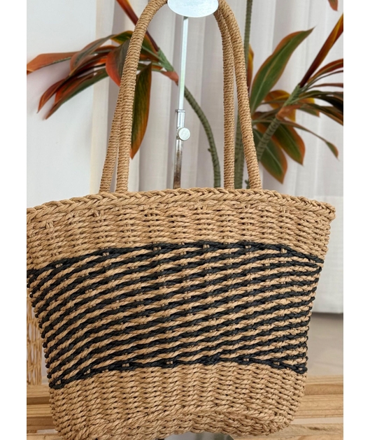 BOLSA DE PALHA MEDIA BEGE COM LISTRAS PRETA