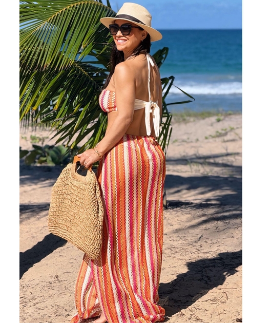 CONJUNTO BIQUÍNI TOP ARGOLA CALCINHA ASA DELTA COM SAIA LONGA LARANJA COLEÇÃO CARIBENHA II