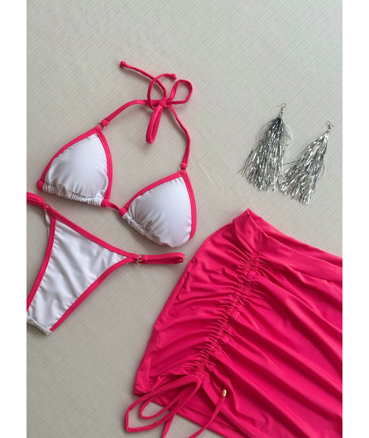 COMBO DE CARNAVAL BIQUÍNI CORTININHA BRANCO E MINI SAIA ROSA NEON COLEÇÃO ESQUENTA FOLIA