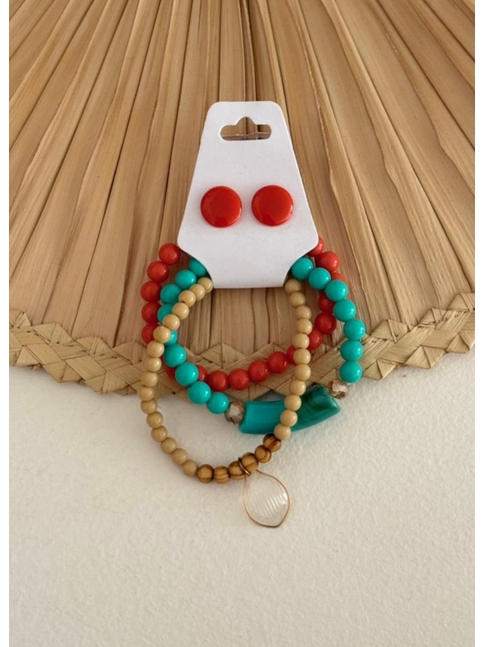 ACESSÓRIO DE PRAIA KIT BRINCO E PULSEIRA LARANJADA COM AZUL