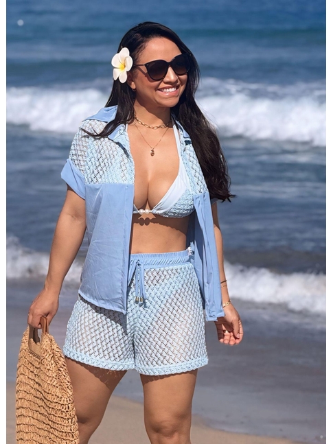 SAÍDA DE PRAIA CONJUNTO CAMISA E SHORT AZUL COLEÇÃO BRISA II