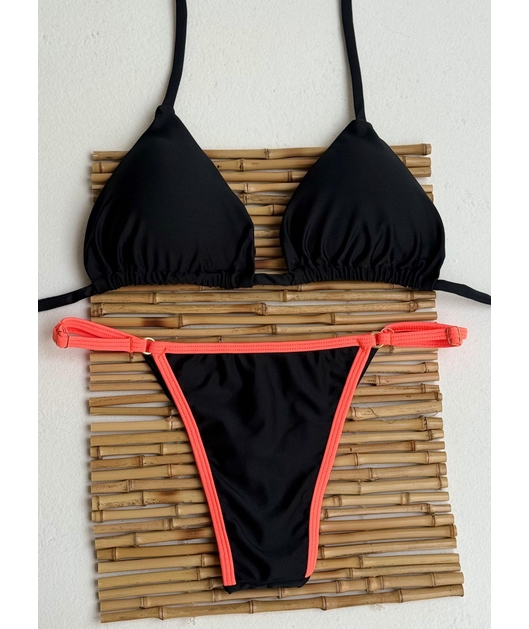 BIQUÍNI CORTININHA CALCINHA COM REGULADOR PRETO COM DETALHE LARANJA NEON COLEÇÃO ESQUENTA FOLIA