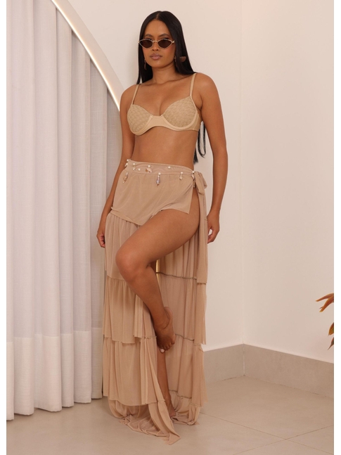 SAÍDA DE PRAIA NO TULE SAIA BABADO CONCHAS NUDE COLEÇÃO FESTEJAR CM01