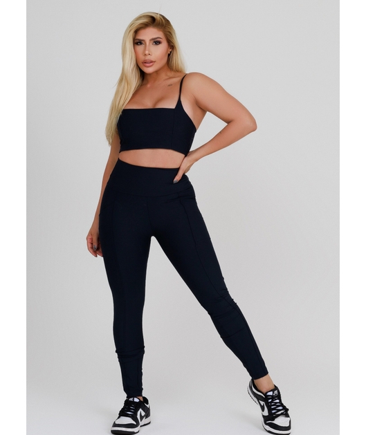 CONJUNTO FIT HYPER TOP ALÇA CALÇA COM BOLSOS COS ALTO PRETO