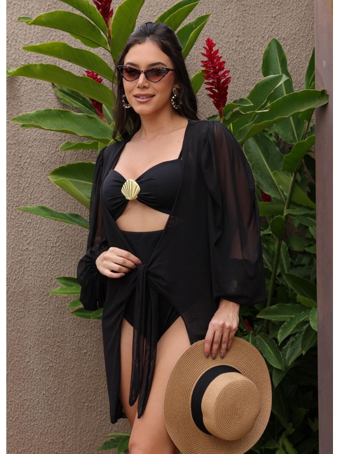 SAÍDA DE PRAIA MANGAS BUFANTES NO TULE PRETA