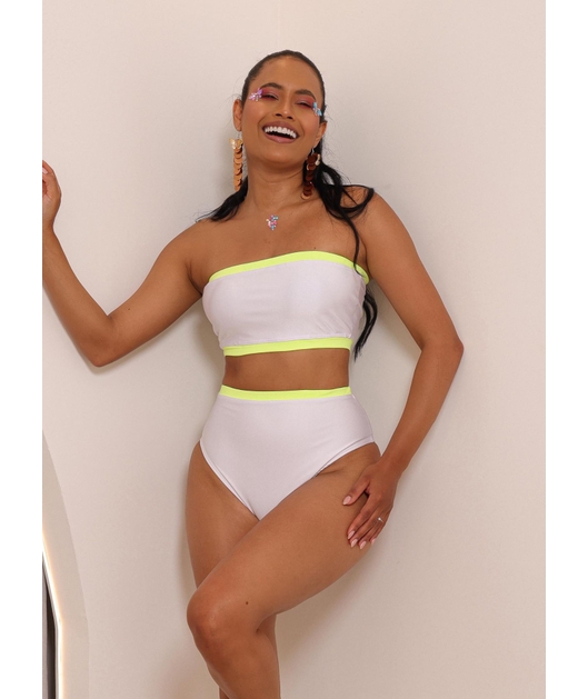 COMBO DE CARNAVAL BIQUÍNI TOP BRANCO E MINI SAIA VERDE NEON COLEÇÃO ESQUENTA FOLIA