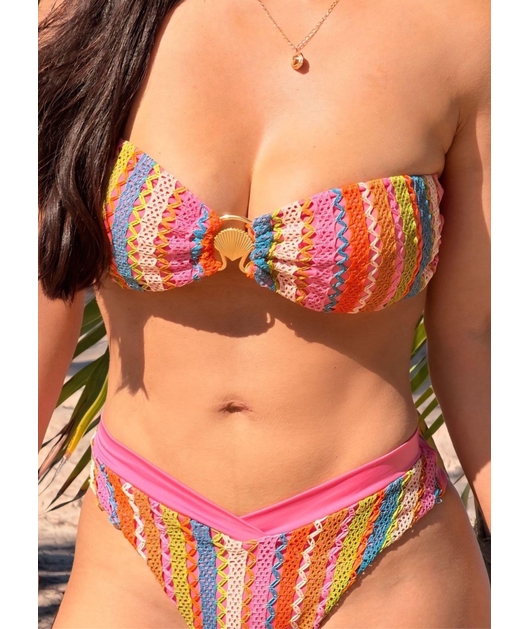 CONJUNTO BIQUÍNI TOP ARGOLA CALCINHA ASA DELTA COM SAIA LONGA ROSA COLEÇÃO CARIBENHA II