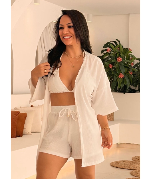 SAÍDA DE PRAIA CONJUNTO KIMONO COM SHORT NO CHIFFON OFF WHITE TGS852