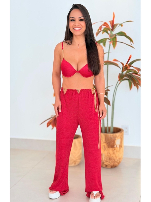 SAÍDA DE PRAIA CALÇA COS CORRENTE VERMELHA COLEÇÃO SOLARE