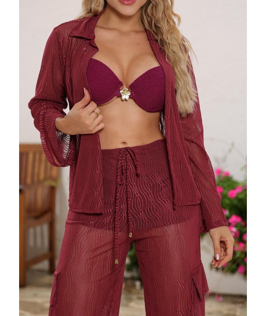 SAÍDA DE PRAIA CONJUNTO CAMISA COM CALÇA CARGO MARSALA  COLEÇÃO MULHER