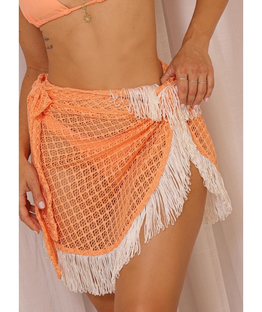SAÍDA DE PRAIA PAREO CURTA COM FRANJA LARANJA COLEÇÃO FOLIA