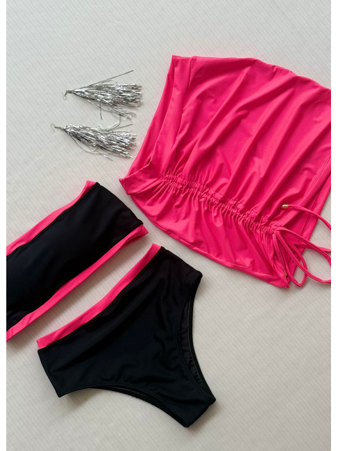COMBO DE CARNAVAL BIQUÍNI TOP PRETO E MINI SAIA ROSA NEON COLEÇÃO ESQUENTA FOLIA