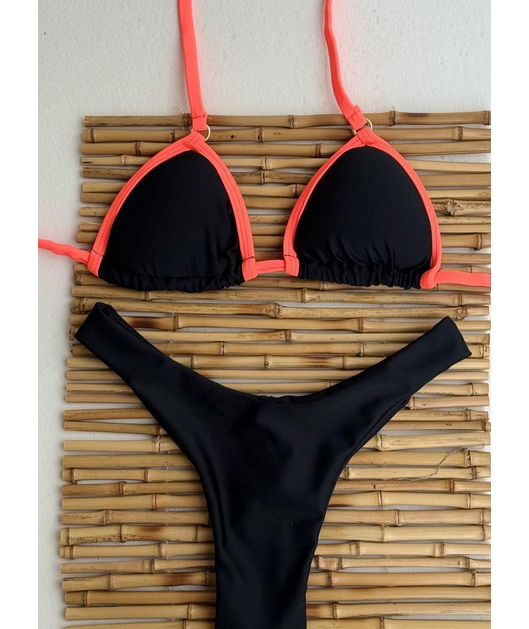 BIQUÍNI CORTININHA CALCINHA ASA DELTA PRETO COM DETALHE LARANJA NEON COLEÇÃO ESQUENTA FOLIA