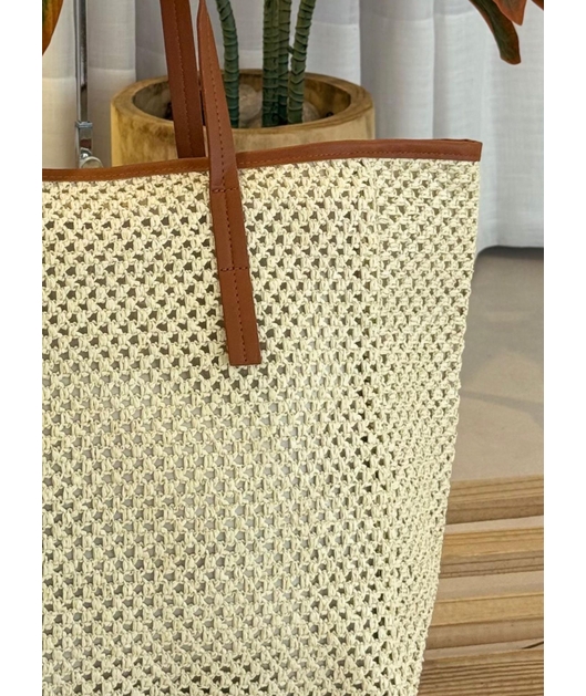BOLSA DE PALHA GRANDE OFF WHITE ALÇAS MARROM
