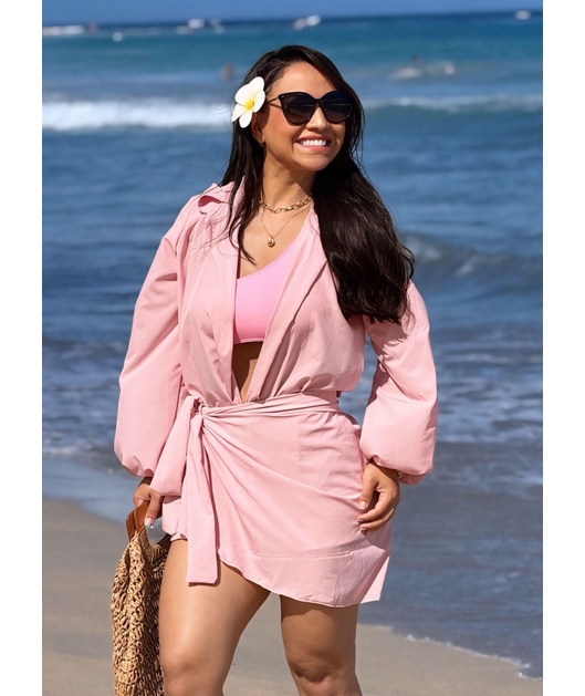 SAÍDA DE PRAIA CAMISA COM PÁREO NA SEDINHA ROSA COLEÇÃO BRISA II