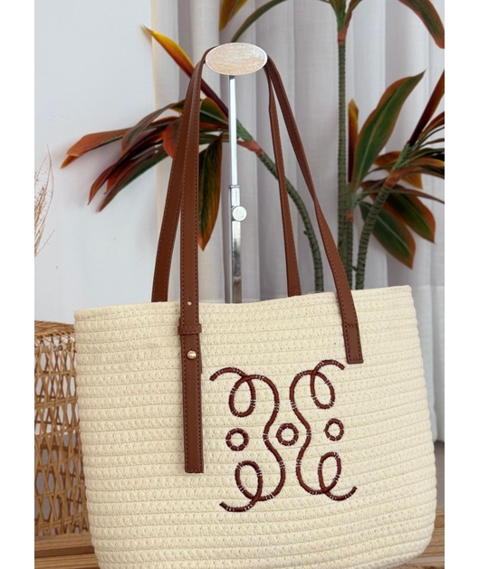 BOLSA MEDIA OFF WHITE COM ALÇAS E BORDADO MARROM