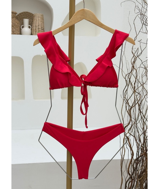 BIQUÍNI CORTININHA BABADO CALCINHA ASA DELTA VERMELHO COLEÇÃO COR DO PECADO COMB DRICA