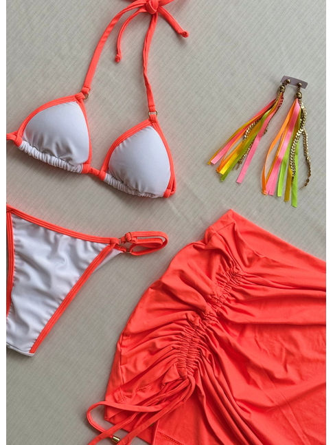 COMBO DE CARNAVAL BIQUÍNI CORTININHA BRANCO E MINI SAIA LARANJA NEON COLEÇÃO ESQUENTA FOLIA