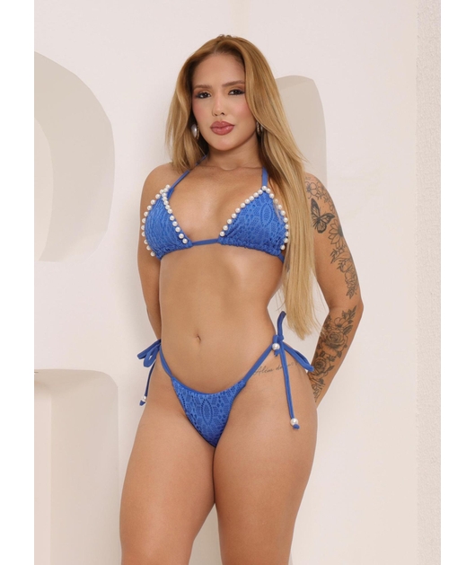 BIQUÍNI CORTININHA CALCINHA DE AMARRAR AZUL COLEÇÃO PÉROLA