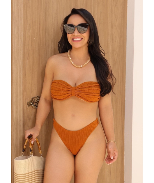 BIQUÍNI TOP TOMARA QUE CAIA CALCINHA ASA DELTA MARROM COLEÇÃO FRUIT