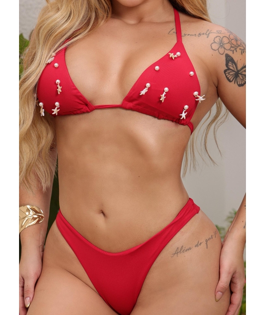 BIQUÍNI CORTININHA CONCHA CALCINHA ASA DELTA VERMELHO COLEÇÃO ESSÊNCIA BORDADAS