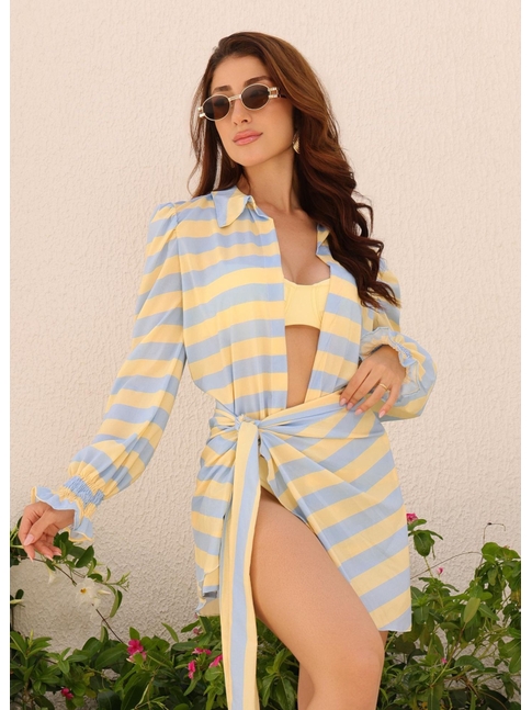SAÍDA DE PRAIA CAMISA COM PÁREO LISTRA AMARELO COLEÇÃO CANDY COLOR