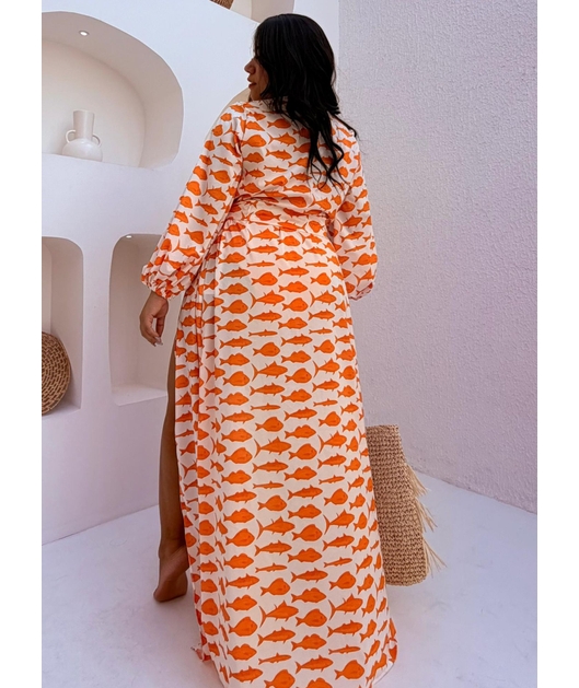 SAÍDA DE PRAIA LONGA ESTAMPA MARÉ DE PEIXES LARANJADA COLEÇÃO SARDENHA