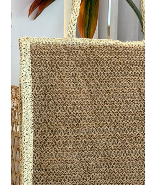 BOLSA DE PALHA GRANDE QUADRADA BEGE COM BORDA OFF WHITE