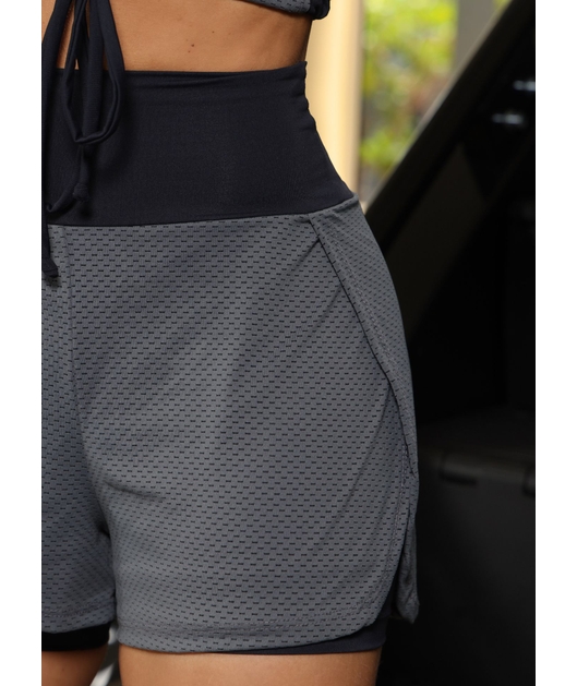 CONJUNTO FITNESS CROPPED COM SHORT DUPLO CINZA COM PRETO COLEÇÃO FEBELA MOVE