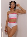BIQUÍNI TOP FAIXA CALCINHA HOT PANTS BRANCO COM ROSA NEON COLEÇÃO ESQUENTA FOLIA - 1