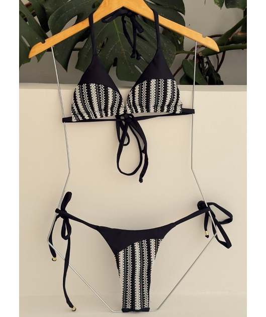 BIQUÍNI CORTININHA CROCHÊ CALCINHA DE AMARRAR PRETO COLEÇÃO MARINE COMB M26