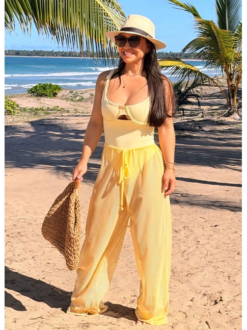 SAÍDA DE PRAIA CALÇA TULE EM LISTRA AMARELA COLEÇÃO DULCE CARIBE