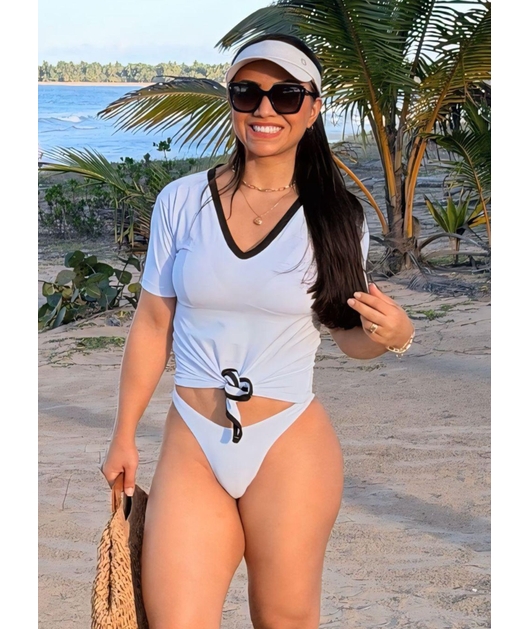 CONJUNTO BIQUÍNI REGULADOR CALCINHA ASA DELTA COM BLUSA NÓ BRANCO COLEÇÃO CARIBENHA