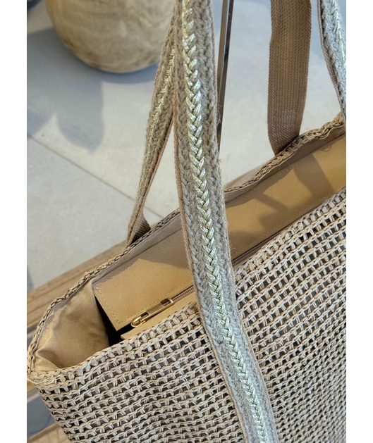 BOLSA DE PALHA GRANDE BEGE ALÇAS DETALHE DOURADO